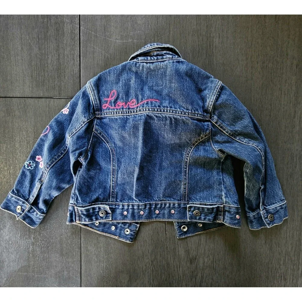 GAP Kids Jean Jacket Girls Size XXS 3 Embroidered Hearts Love Rhinestones